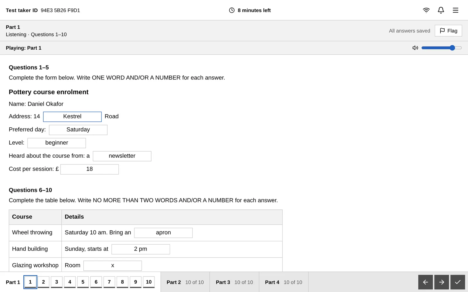 TrueBand's Listening test screen: a form-completion task with typed answers, the audio volume control and the question navigator for all four parts.