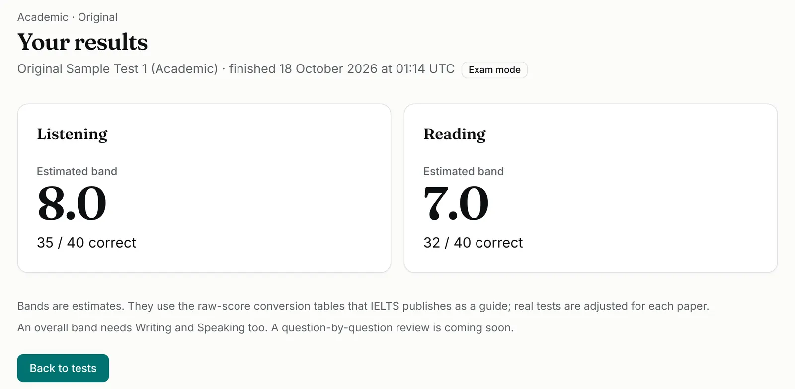 TrueBand's results screen: Listening band 8.0 with 35 of 40 correct, and Reading band 7.0 with 32 of 40 correct.